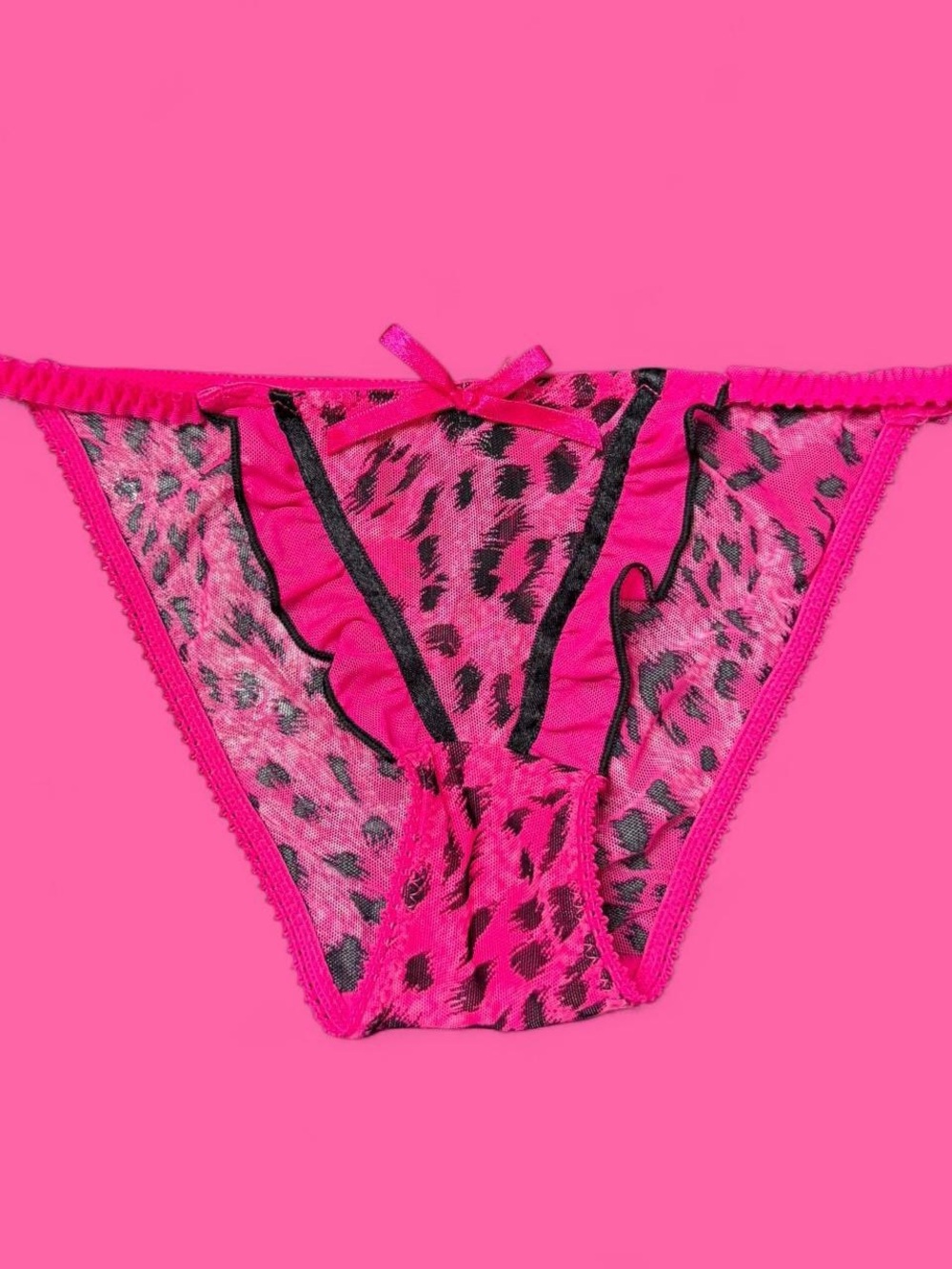 y2k! hot pink & black cheetah print ruffle bow mesh cheeky bikini panty!